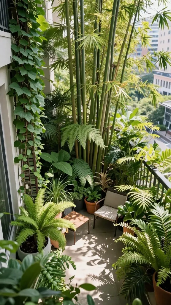 A high-angle, eye-level shot looking into a private apartment balcony transformed into a lush urban jungle retreat. The balcony is densely packed with a vibrant array of green plants of varying heights and textures, creating a living privacy screen. Tall, slender bamboo stalks rise along one side, forming a natural wall, while climbing vines with broad leaves intricately weave up a dark trellis on another. Mid-height ferns and potted palms fill the space, layered with smaller, trailing plants spilling from terracotta and modern concrete planters. Dappled sunlight filters through the abundant foliage, casting soft shadows. A cozy, minimalist chair with a woven cushion is nestled amidst the greenery, inviting relaxation. Beyond the dense plant barrier, only a blurred hint of the urban cityscape is visible, emphasizing the complete seclusion and serene oasis created by the plants. The overall impression is one of a vibrant, tranquil botanical garden.