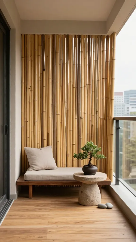 A realistic, high-quality photograph capturing a tranquil, minimalist apartment balcony designed for Zen serenity. The focal point is a seamless bamboo reed privacy screen, meticulously installed along the entire length of the balcony railing, creating a completely secluded and peaceful haven. The screen features natural, varied tones of bamboo. The balcony floor is adorned with light-toned wooden decking. Furnishings are understated: a low-profile, dark wooden bench with a simple linen cushion is positioned against the bamboo screen, accompanied by a small, round stone side table. A delicate bonsai tree in a dark ceramic pot rests on the table, and a few smooth river stones are scattered nearby. Soft, ambient morning light bathes the space, highlighting the natural textures and casting a warm, inviting glow. Beyond the bamboo screen, hints of a blurred cityscape are visible, emphasizing the effective privacy. The overall aesthetic is one of clean lines, natural elegance, and profound calm. No text on image.