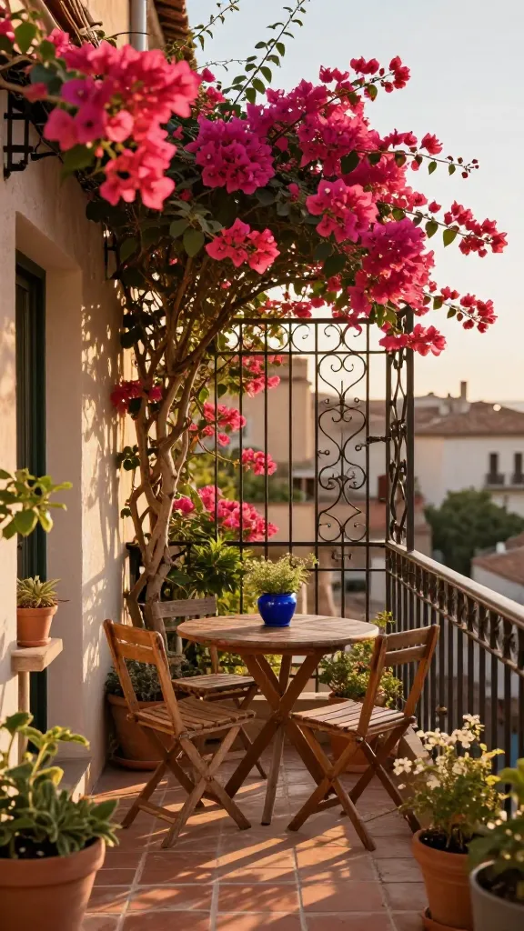 A high-quality, realistic photo of a private apartment balcony transformed into a Mediterranean courtyard. Elegant dark wrought iron panels serve as the primary privacy screen, through which vibrant fuchsia bougainvillea profusely intertwines and blooms, spilling over the top. The balcony floor is laid with warm, sun-baked terracotta tiles. A small, rustic wooden bistro table with two chairs sits invitingly, adorned with an azure blue ceramic pot holding herbs. Various other potted plants in earthy terracotta planters are scattered around. Golden hour sunlight bathes the entire scene, casting a warm, inviting glow and evoking a relaxed, old-world European villa atmosphere.