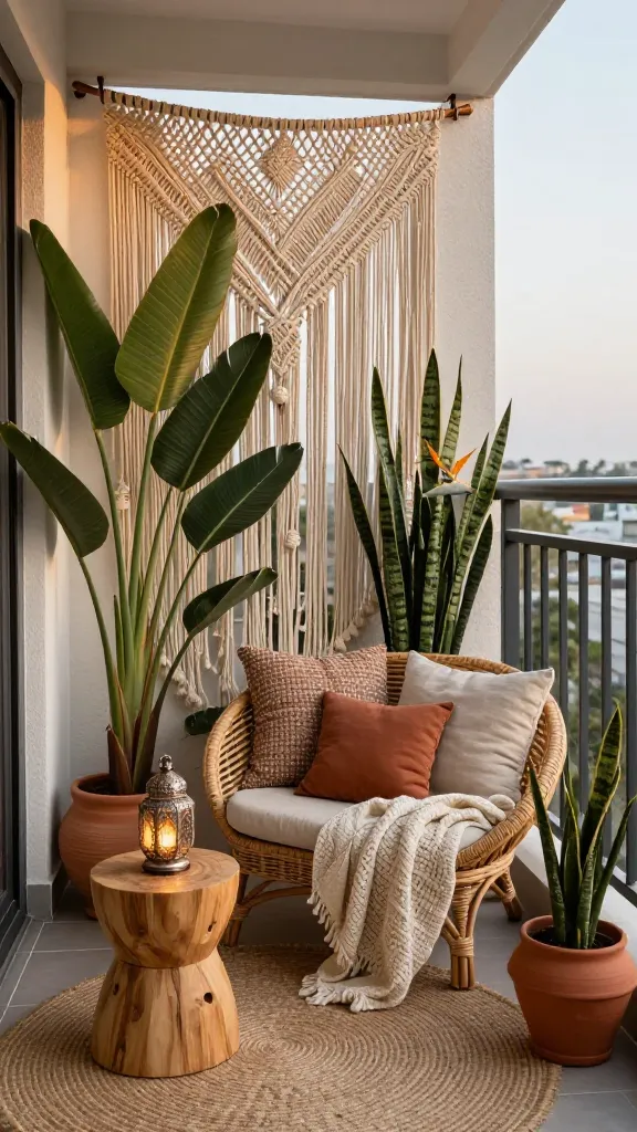A high-quality, realistic photograph capturing a cozy and secluded apartment balcony meticulously styled as a Boho Chic Dreamscape. A large, intricately woven macrame panel serves as the primary privacy screen, extending across one side of the balcony. This is layered with strategically placed tall, leafy plants like a Bird of Paradise and a large Snake Plant in decorative terracotta and ceramic pots, enhancing both privacy and a lush, natural feel. The space features a low-slung, comfortable wicker lounge chair, adorned with an eclectic mix of textured linen cushions in muted earth tones and a soft, cream-colored knitted throw blanket. A small, round natural wood side table holds a subtly glowing Moroccan-style lantern, and the floor is covered by a circular, textured jute rug. The overall ambiance is relaxed, inviting, and private, bathed in the warm, soft light of late afternoon golden hour. The focus is sharp on the balcony setup, with no text visible on the image.