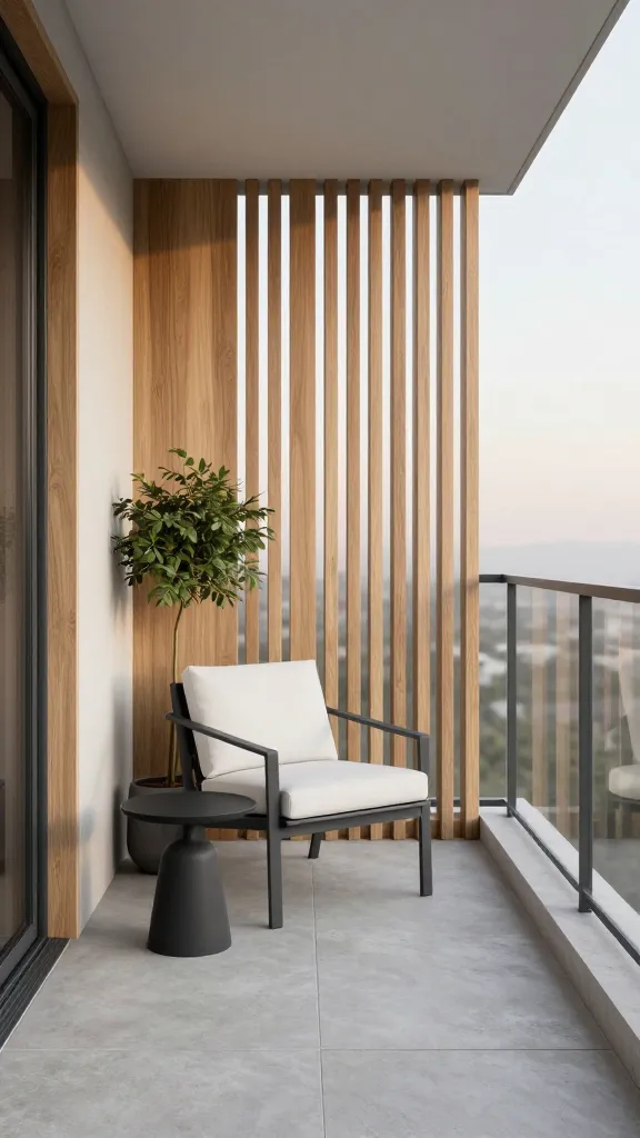 A high-quality, realistic photograph of a modern minimalist apartment balcony designed as a private sanctuary. Custom-fit vertical slatted light oak wood panels are meticulously installed along the entire railing, providing elegant privacy while allowing soft, diffused natural light and a gentle breeze to filter into the space. The balcony floor is laid with large format, light grey concrete tiles, creating a seamless, uncluttered base. A single, sleek dark grey metal outdoor armchair with a crisp white cushion is positioned thoughtfully, accompanied by a small, round black minimalist side table. A tall, architectural plant in a simple dark grey ceramic planter adds a touch of organic life without overwhelming the clean aesthetic. The scene is bathed in the warm glow of late afternoon sun, with subtle shadows cast by the slatted panels. The overall impression is one of serene functionality, sleek lines, and refined simplicity. No text or people.