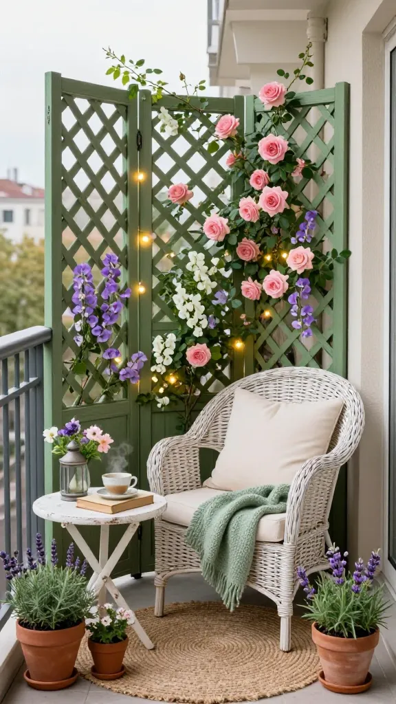 A beautifully styled, private apartment balcony transformed into a "Cozy Cottage Nook." A classic wooden lattice screen, painted a soft sage green, is securely attached to the balcony railing, forming a charming privacy wall. Lush climbing roses with delicate pink blossoms and fragrant sweet peas in shades of purple and white are gracefully trained to grow up the lattice, creating a vibrant, living screen. In the corner, a comfortable, weathered white wicker armchair is adorned with plush cream-colored cushions and a soft, knitted sage green throw blanket casually draped over its arm. Beside the armchair, a small, round distressed white garden side table holds a steaming teacup, a vintage book, and a tiny vase of freshly cut garden flowers. A natural jute rug covers part of the balcony floor, adding texture and warmth. Several terracotta pots with fragrant herbs like lavender and rosemary, along with small flowering plants, are artfully arranged on the balcony floor. Delicate warm white fairy lights are subtly woven through the climbing plants on the lattice, casting a gentle glow. A rustic, antique-style lantern sits on the table, adding to the cozy atmosphere. The scene is bathed in soft, diffused natural light, emphasizing warmth, intimacy, and a serene escape. The background beyond the lattice is softly blurred, hinting at an urban environment but keeping the focus on the private nook. High-resolution, realistic photo, professional interior design photography, no text.