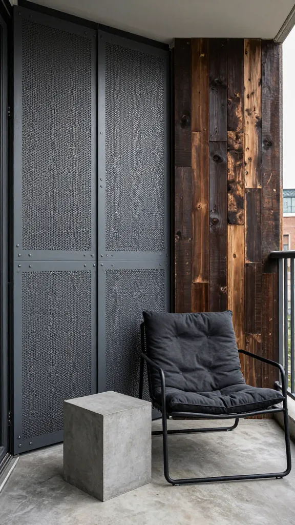 A realistic, high-quality photograph captures a private apartment balcony transformed into an 'Industrial Loft Escape'. Custom-fabricated dark grey perforated metal screens are prominently installed along one side, providing robust privacy, while sections of rich, dark reclaimed wood planks add an authentic industrial touch to another wall. The balcony floor is made of raw, polished concrete. An edgy, minimalist seating area features a black metal industrial-style lounge chair with a distressed charcoal cushion, accompanied by a small, square concrete side table. The overall aesthetic embraces utilitarian materials and a gritty-chic vibe, with a dominant color palette of dark, muted tones including charcoal greys, deep espresso browns, and metallic accents. Subtle industrial details like exposed rivet heads on the metal screens and rough-hewn textures of the wood are visible. The scene is bathed in bright, natural daylight, highlighting the raw textures and modern design, creating a bold and incredibly cool private outdoor sanctuary. No text.