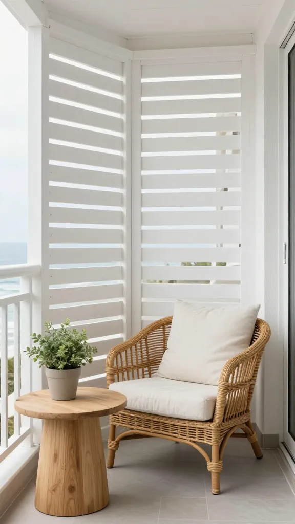 A high-quality, realistic photograph of a serene, private apartment balcony designed as a 'Coastal Breeze Haven'. The balcony is expertly enclosed by crisp white slatted wood privacy screens that extend upward, creating a secluded yet airy atmosphere while hinting at gentle breezes. The design embraces light, natural textures, featuring a comfortable woven rattan armchair with a plush, off-white linen cushion, positioned beside a small, round light-toned wood side table. A delicate potted plant with soft green foliage adds a touch of natural life. The space is bathed in soft, diffused natural light, emphasizing the relaxed, open-feeling seaside retreat aesthetic. No text.