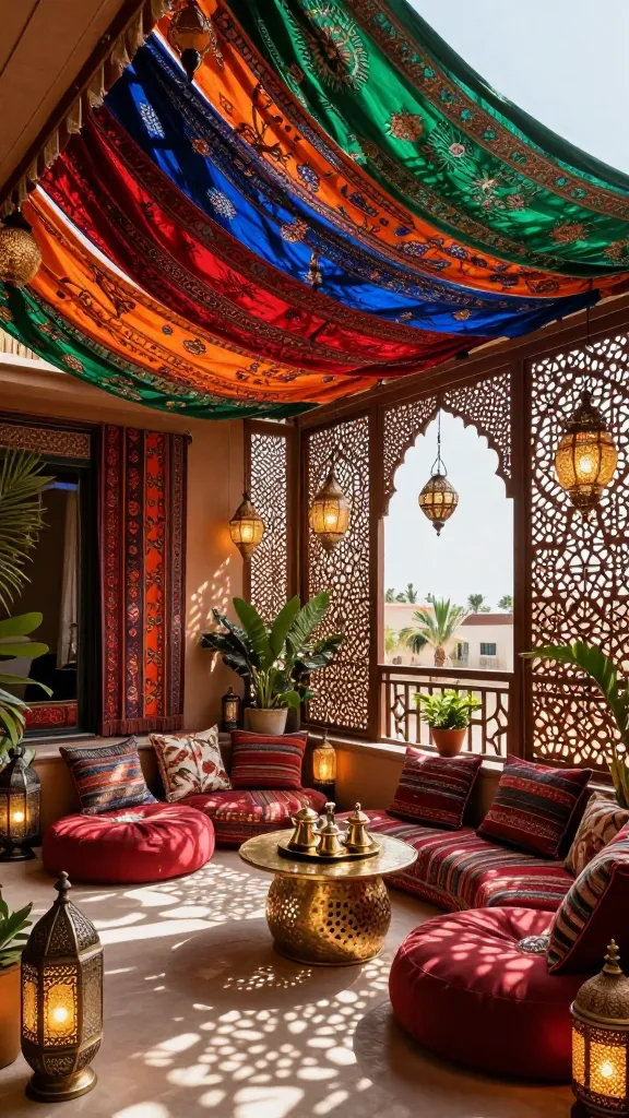 A high-quality, realistic photo of an apartment balcony transformed into a luxurious, deeply private Moroccan Mystique Lounge. Ornate laser-cut metal panels with intricate traditional Moroccan patterns are installed along the balcony's perimeter, effectively creating a secluded, exotic enclosure. Overhead, vibrant, richly patterned outdoor fabrics and tapestries in jewel tones (deep reds, oranges, emerald green, sapphire blue) are elegantly draped, casting a warm, filtered light. The lounge features low, plush floor cushions and upholstered poufs arranged for intimate seating. Multiple Moroccan lanterns, both intricate hanging lamps and decorative floor lanterns, emit a soft, inviting glow, casting beautiful, complex shadows. Small, round hammered-metal side tables hold brass tea sets and exotic potted plants. The scene is a feast for the senses, showcasing a rich tapestry of colors, textures, and intricate details, evoking an immersive, private, and vibrant Moroccan escape. Professional interior photography, natural light, wide-angle perspective.