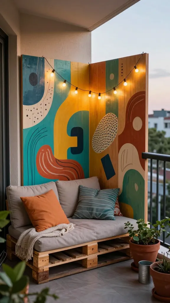 A realistic, eye-level photo of a charming and private apartment balcony transformed into a DIY artistic haven. The balcony railing is adorned with custom-made, brightly painted plywood panels featuring a playful mix of abstract murals, stenciled patterns, and quirky geometric designs in warm, inviting colors like teal, mustard yellow, terracotta, and soft greens, effectively creating privacy. A low-slung, upcycled pallet sofa, topped with mismatched, colorful cushions and a knitted throw blanket, provides comfortable seating. Nearby, a collection of potted plants in hand-painted terracotta pots and repurposed tin cans adds a touch of greenery. A string of warm fairy lights drapes casually across the upper part of the artistic panels, casting a soft, inviting glow as evening approaches. The overall atmosphere is uniquely personal, resourceful, and cozy, bathed in soft, natural light with gentle shadows. No text.