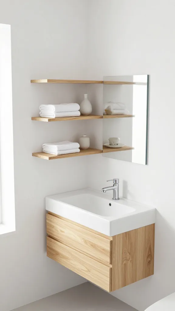 A high-angle, realistic photo capturing a small, minimalist Nordic bathroom designed for maximum storage. Crisp white walls are adorned with integrated, floating blonde wood shelves that appear to seamlessly extend from the wall, holding only a few essential, neatly organized items like white folded towels and a small, simple ceramic vase. Below a sleek, wall-mounted white sink, a custom-built, shallow blonde wood vanity features push-to-open, handle-less drawers, maintaining a clean, uncluttered facade. The overall impression is bright, airy, and functional, creating an illusion of spaciousness despite the compact footprint. Soft, natural light streams in, highlighting the clean lines and warm wood tones.