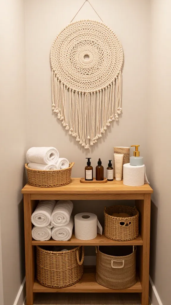 A high-quality, realistic photo of a small, cramped boho-chic bathroom, rendered with warm, inviting natural light. The central feature is a natural wood vanity with open shelving, meticulously organized with a collection of hand-woven rattan baskets and jute bins. These woven containers are artfully arranged, holding neatly rolled white towels, amber-bottled toiletries, and spare toilet paper, functioning as both practical storage and decorative elements. Above a wall-mounted toilet, a large, intricate round macrame wall hanging adds significant texture and warmth, serving as a prominent decorative focal point that cleverly enhances the limited wall space in this cozy, sanctuary-like environment. No text.