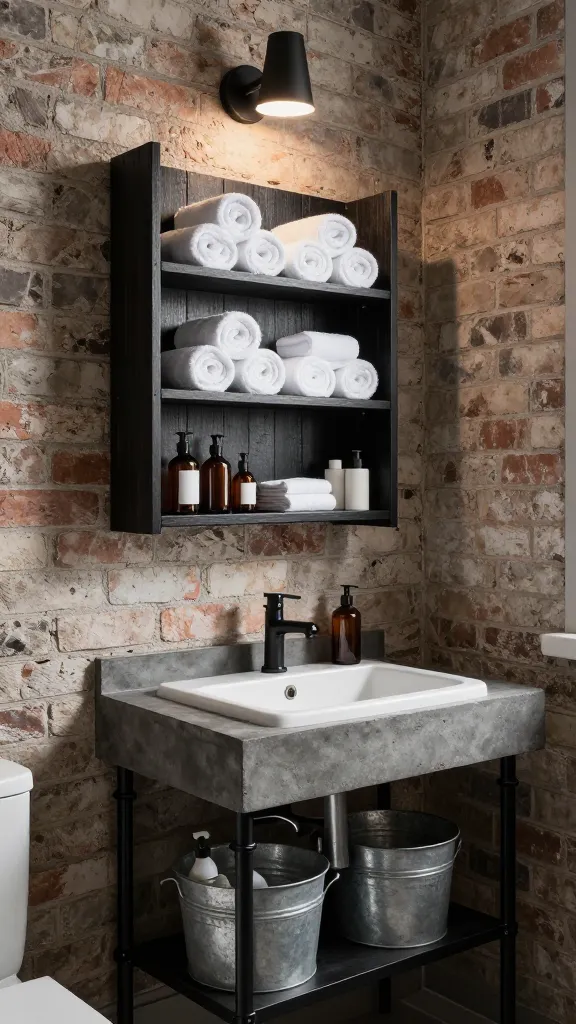 A high-resolution, eye-level photograph capturing the functional elegance of a cramped, industrial loft-style bathroom. The main subject is a sophisticated storage setup: a prominent wall-mounted black metal shelving unit with dark, reclaimed wood planks, meticulously organized with neatly rolled white towels and minimalist amber-glass bathroom essentials. Directly beneath, a sleek white rectangular sink is integrated into a dark, concrete-effect countertop, supported by an open-bottom vanity featuring exposed black metal pipe legs. Stacked neatly below the vanity are three varying-sized galvanized metal bins, subtly holding cleaning supplies. The background reveals a raw, textured exposed brick wall, illuminated by soft, warm light from a matte black industrial wall sconce. The composition emphasizes the compact nature of the room while highlighting the clever, urban-chic storage solutions, conveying a sense of smart design in a confined space.