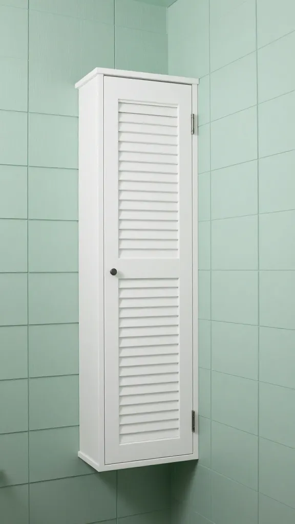 A realistic, high-quality photograph showcasing a meticulously designed, cramped bathroom corner with a serene coastal aesthetic. The walls are adorned with vertical shiplap, painted in a soft seafoam green, drawing the eye upwards to enhance the feeling of space. Tucked precisely into the corner is a narrow, floor-to-ceiling cabinet, painted crisp white with a classic louvered door, exemplifying subtle and efficient storage. The scene is bathed in soft, natural light, highlighting the airy and tranquil atmosphere despite the small footprint. Professional interior photography, sharp focus on the cabinet and shiplap, no text.