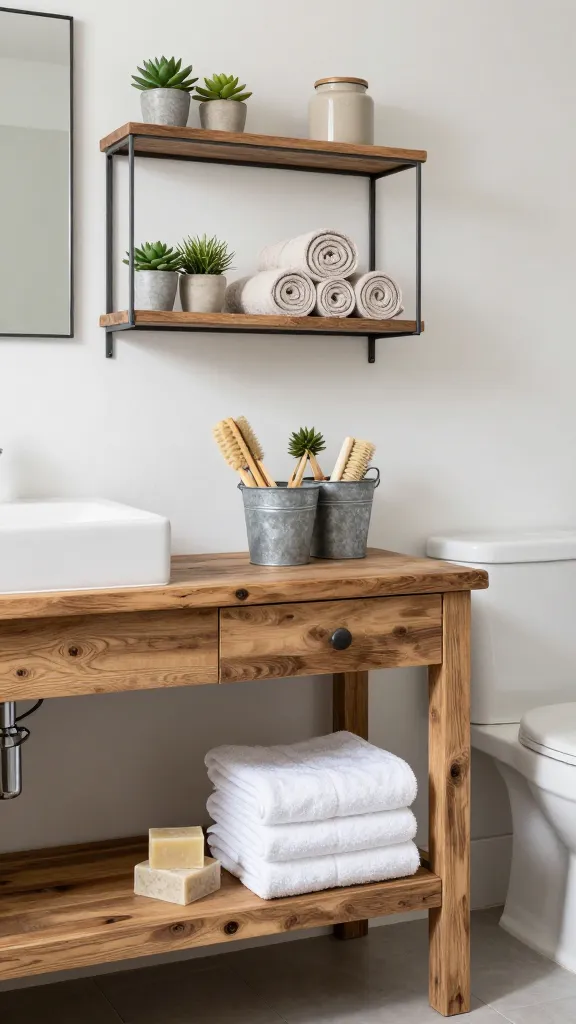 High-quality, realistic photograph of a bright, inviting modern farmhouse bathroom, designed for a compact space. The central feature is a reclaimed wood vanity with an open bottom, showcasing a sturdy shelf beneath. On this shelf, a neat stack of crisp white towels sits beside two rustic galvanized metal buckets, one holding natural fiber brushes and the other artisanal bar soaps. Above the toilet, a trio of dark, slim metal-framed open shelves are artfully arranged with small potted succulents, rolled neutral-toned hand towels, and a small decorative ceramic jar. The overall aesthetic blends rustic warmth with clean, contemporary lines, creating a sense of curated, functional charm through its open storage solutions. Soft, diffused natural light illuminates the scene.