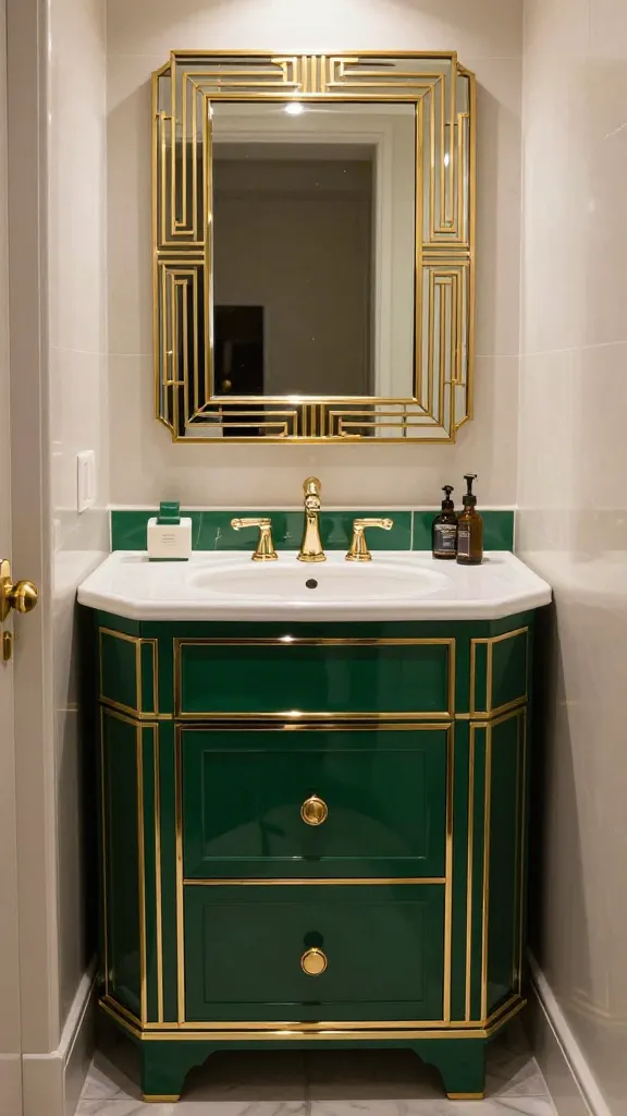 A high-quality, realistic photograph of an Art Deco glamorous, compact bathroom. The focal point is a stunning dark emerald green vanity with polished gold hardware and deep, integrated drawers, designed for optimal storage in a small space. Above the sink, a luxurious mirrored medicine cabinet features an intricate geometric gold frame, reflecting the soft, opulent lighting. The design exudes Old Hollywood sparkle and dazzling decadence, with sleek lines and rich materials transforming the cramped bathroom into a functional jewel box. No text on image.