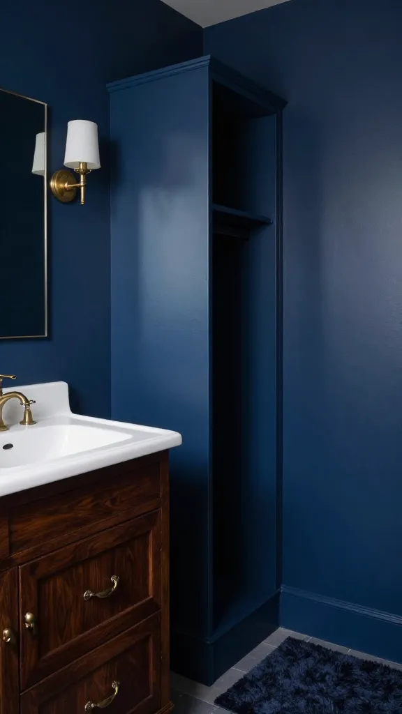 A high-quality, realistic photo of a small, moody maximalist bathroom. The walls are painted a deep, matte navy blue, creating a dramatic and intimate atmosphere. A dark mahogany wood vanity with a white undermount sink features ornate antique brass pull handles on its drawers and cabinet doors, subtly hinting at concealed storage. To one side, a full-height, built-in storage cabinet, painted the exact same deep navy blue, appears almost flush with the wall, making its storage capacity a clever secret. The space is elegantly styled with a plush, dark textured bath mat and a vintage-inspired wall sconce with an antique brass finish, providing soft, warm light. The overall impression is one of opulent organization in a compact, richly colored setting, showcasing hidden storage solutions without clutter.