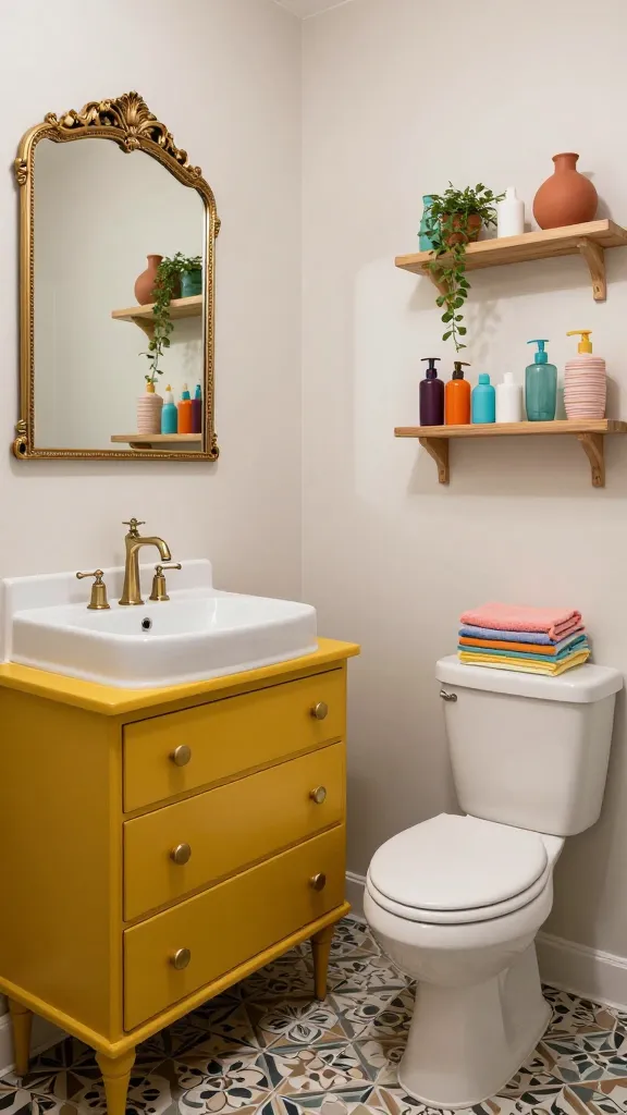 A realistic, high-quality, eye-level photo capturing a vibrant, eclectic, and cleverly organized cramped bathroom. The walls are painted a soft off-white. Dominating the scene is a vintage mid-century dresser, boldly painted a rich mustard yellow, repurposed as a vanity with a sleek white vessel sink and a modern brass faucet. One of the dresser's drawers is slightly ajar, revealing a stack of neatly folded, colorful hand towels. Above the white toilet, a playful arrangement of three mismatched floating shelves – one small teal, one medium natural wood, and one tiny terracotta-colored – holds an assortment of colorful toiletries, a unique ceramic vase, and a small trailing plant. A large, ornate gold-framed mirror hangs above the vanity, reflecting the opposite wall. The floor features intricate patterned encaustic tiles in complementary muted tones. The space feels intentionally maximalist yet functional, bathed in soft, natural light, highlighting textures and colors. No text on image.