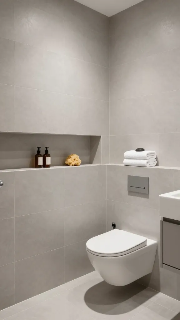 A high-quality, realistic photograph capturing a small, elegantly designed bathroom radiating spa-like serenity. The walls are entirely clad in large-format, matte light gray porcelain tiles, creating a sleek, unbroken, and expansive surface that visually enhances the compact space. Seamlessly integrated into the tiled walls are multiple built-in niches: a long, horizontal niche within the shower holds minimalist, amber-bottled toiletries and a natural sea sponge, while another smaller, vertical niche is positioned above a wall-mounted, white ceramic toilet, displaying a neatly folded stack of white towels and a small, dark river stone. A third, subtle niche is visible beside a minimalist floating vanity. The design emphasizes clean lines, natural textures, and a complete absence of clutter, with soft, diffused lighting enhancing the tranquil, luxurious atmosphere. The perspective is slightly wide-angle but intimate, showcasing the clever use of integrated storage to maximize space and create a serene escape.