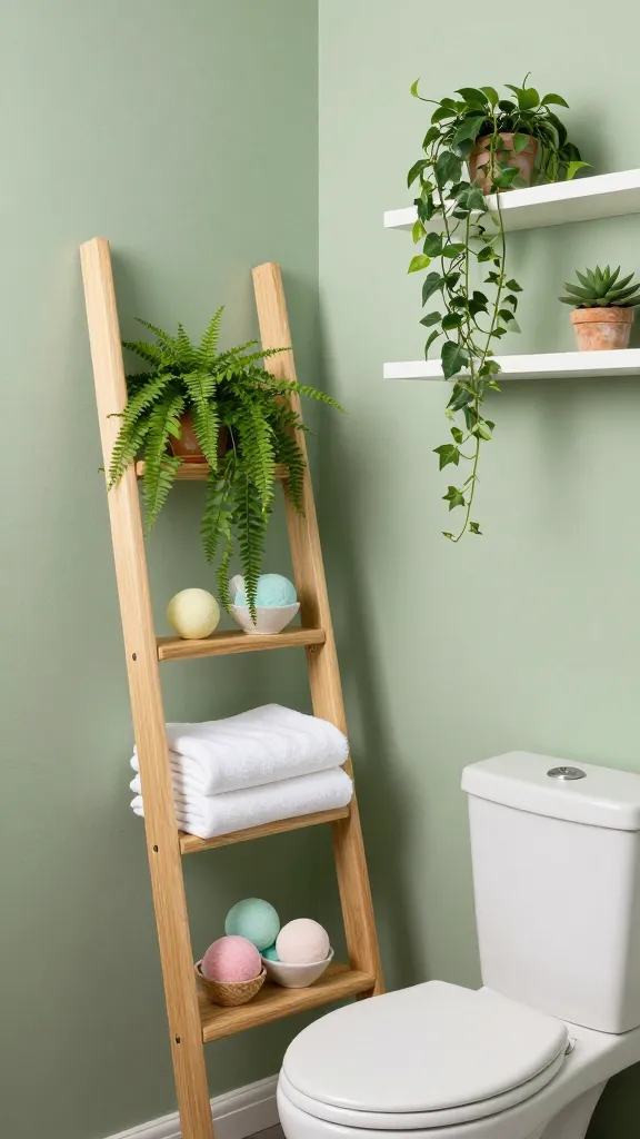 A high-quality, realistic photograph capturing a cleverly designed, small and compact bathroom. The walls are painted a soothing soft sage green, creating a calm backdrop for an 'Urban Jungle Oasis' theme. Dominating one wall is a slender, natural light wood ladder shelf, leaning gracefully. Its rungs are artfully arranged with neatly folded, plush white towels, a small decorative bowl of colorful bath bombs, and a vibrant cascade of live pothos and lush ferns in small, rustic terracotta pots. Directly above the toilet, a series of two sleek, minimalist white floating shelves extend, each holding more vibrant greenery, including a trailing ivy and a compact succulent arrangement, maximizing vertical storage in the tight space. The scene is bathed in soft, natural light, highlighting the fresh, organized, and alive atmosphere. The perspective emphasizes the smart use of vertical space in a confined area. No text.