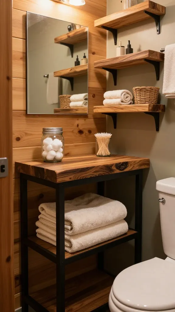A high-quality, realistic photograph of a small, cozy rustic cabin bathroom. The central focus is a vanity crafted from a thick, dark-stained reclaimed wood slab countertop, resting on a simple, matte black metal frame. Beneath the vanity, open shelving neatly displays a stack of thick, cream-colored fluffy towels and two clear glass mason jars, one filled with white cotton balls and the other with q-tips. To the right, above a white ceramic toilet (partially visible), a series of three staggered live-edge wood shelves are mounted on the wall, holding a small rolled hand towel and a small, natural woven basket. The walls feature warm, light-toned reclaimed wood paneling or a muted earthy green paint. Soft, warm ambient lighting from a simple, rustic fixture creates an inviting, snug atmosphere, highlighting the natural textures and the efficient, handcrafted storage solutions within the compact space. No text.