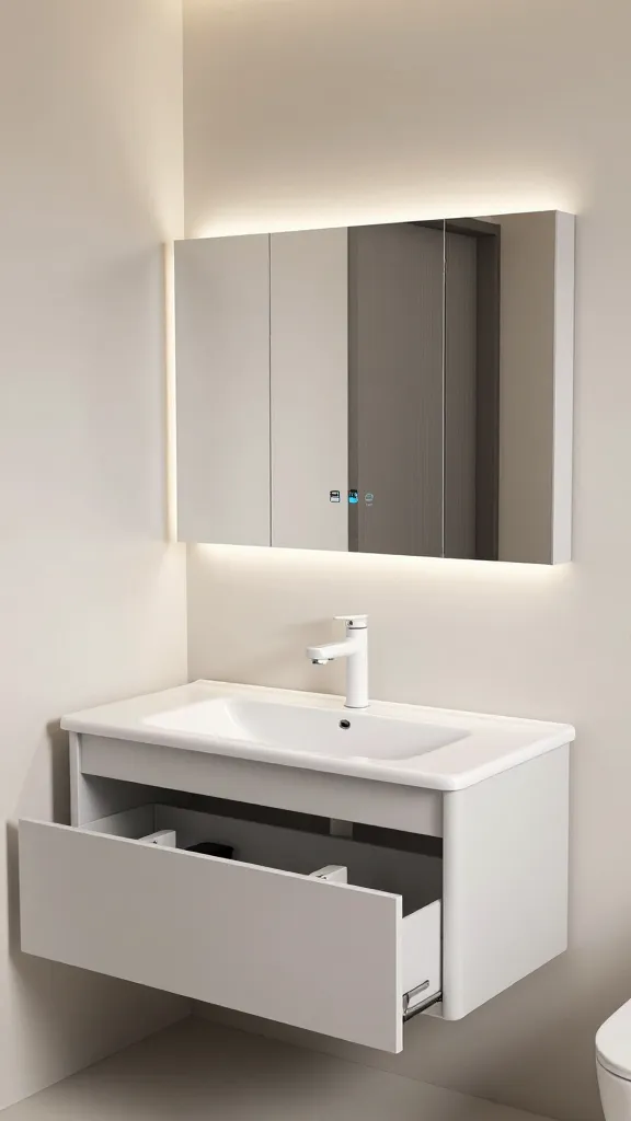 A high-quality, realistic eye-level photo of a modern, ultra-efficient bathroom, expertly designed for a cramped space. The central feature is a large, frameless smart mirror seamlessly integrated into the wall above a sleek, floating vanity. The smart mirror, subtly hinting at its function as a medicine cabinet with a barely visible seam, emits a soft, integrated LED glow around its perimeter and displays a minimalist weather forecast on a small, unobtrusive screen in its corner. The vanity below is handle-less, crafted from polished light grey or white material, with a single drawer slightly ajar to reveal organized internal compartments. A discreet USB-C charging port is visible on the vanity surface, with a modern phone neatly plugged in. The overall design emphasizes clean lines, hidden storage, and seamless technology, transforming the small footprint into a hyper-organized and futuristic hub. The ambient lighting is bright and even, highlighting the pristine surfaces and reflective qualities.