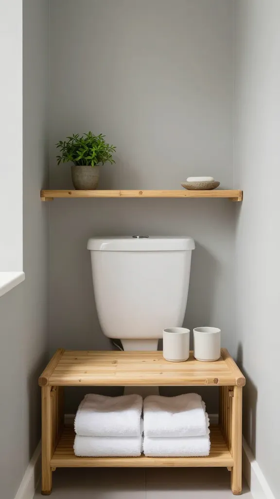 A high-quality, realistic photo of a compact, serene bathroom designed with Zen Garden Simplicity. Soft greige walls provide a calming backdrop. The focal point is a simple bamboo vanity with open shelving, neatly displaying precisely folded white towels and two minimalist, matte ceramic containers. Above a visible toilet tank, a narrow, slatted bamboo shelf is mounted, holding a small, vibrant green plant and a single natural stone soap dish. Soft, diffused natural light streams in, highlighting the natural textures and the efficient, minimalist storage solutions within the cramped space, emphasizing tranquility and order. No text.