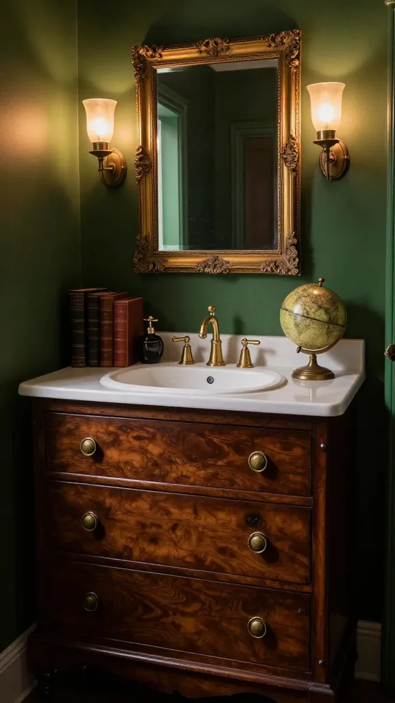 A high-quality, realistic photo of a small, atmospheric Dark Academia style bathroom. The walls are painted a deep forest green, creating a moody and sophisticated ambiance. A dark wood antique chest of drawers, rich with character and charming aged brass pulls, is repurposed as the vanity, featuring an integrated white ceramic sink and a vintage-style brass faucet. Above the vanity, a framed ornate gold mirror reflects the soft, warm glow from subtle brass sconces flanking it. The drawers of the antique chest appear deep and plentiful, hinting at clever, almost hidden storage solutions. Vintage leather-bound books, a small brass globe, and a dark ceramic soap dispenser are artfully arranged on the vanity surface, adding to the intellectual charm. The lighting is dim and warm, emphasizing shadows and textures, evoking the feel of an old library study. No text.