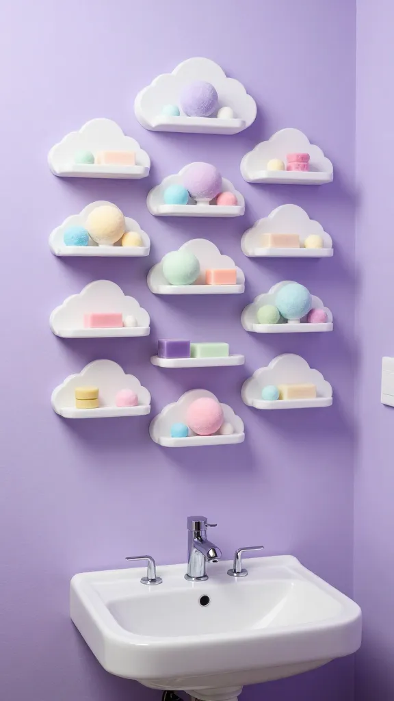 A high-quality, realistic photo of a small, whimsically designed bathroom. One wall is painted a soft lavender and features an imaginative storage solution: a series of cloud-shaped floating shelves, artfully arranged to create a playful pattern. These shelves hold colorful bath bombs in various pastel shades and small, decorative soaps, adding pops of vibrant color. A compact, wall-mounted white ceramic sink with minimalist chrome fixtures is visible below, maximizing floor space. The overall aesthetic is bright, cheerful, and utterly unique, demonstrating smart storage in a cramped area. Bright, even lighting illuminates the scene, capturing the clean lines and whimsical details with a professional, high-end finish.