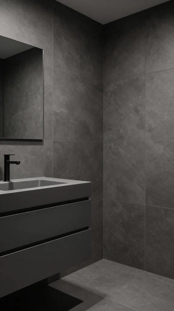 A high-quality, realistic photo capturing a minimalist, compact bathroom, expertly designed as a monochromatic masterpiece. The entire space is rendered in sophisticated charcoal gray, utilizing a rich interplay of varying shades and textures. Walls feature large format, matte charcoal gray tiles, while a section of the wall or shower enclosure incorporates a subtle, textured gray stone. A sleek, floating vanity in a deeper matte charcoal gray dominates the foreground, featuring handle-less drawers that are seamlessly integrated and appear to disappear, highlighting clever, hidden storage solutions for a cramped space. The floor is covered in complementary gray tiles. Soft, ambient lighting accentuates the different textures and creates an organized, spacious feel despite the compact dimensions.