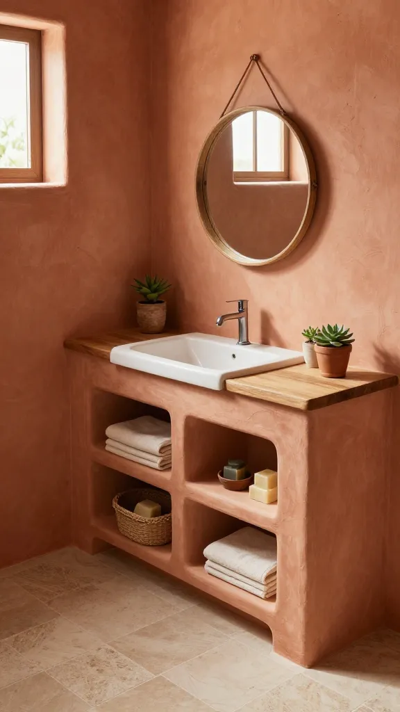 A high-angle, realistic photograph capturing a small, sun-drenched Mediterranean-style bathroom. The walls are finished in a warm terracotta plaster texture, featuring seamless, open built-in alcoves and recessed shelving directly integrated into the wall. These built-in storage areas are artfully arranged with neatly folded natural linen towels, small woven raffia baskets holding artisan soaps, and a couple of small potted succulents in rustic terracotta pots. Natural light streams in from a high window, illuminating the earthy tones and creating a warm, inviting glow. A simple, round mirror with a distressed natural wood frame hangs above a floating, minimalist wooden vanity. The floor is laid with large, light-colored natural stone tiles, enhancing the villa-like, vacation aesthetic while showcasing highly functional built-in storage in a compact space.