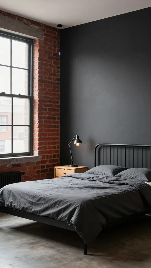 A high-quality, realistic photo capturing an urban industrial loft-style male bedroom. The room features an accent wall covered in realistic faux red brick wallpaper, contrasting with a dark charcoal grey painted wall. A sleek black metal bed frame with a simple dark grey duvet is positioned against the charcoal wall. To one side of the bed, a minimalist light wooden nightstand holds an industrial-style desk lamp with a visible Edison bulb. Another Edison bulb lighting fixture hangs from the ceiling, casting a warm glow. The overall aesthetic is raw, functional, and edgy, embodying a cool city loft vibe. Bright natural daylight illuminates the space from a large window, creating a dynamic interplay of light and shadow. Shot with a wide-angle lens, professional interior photography.