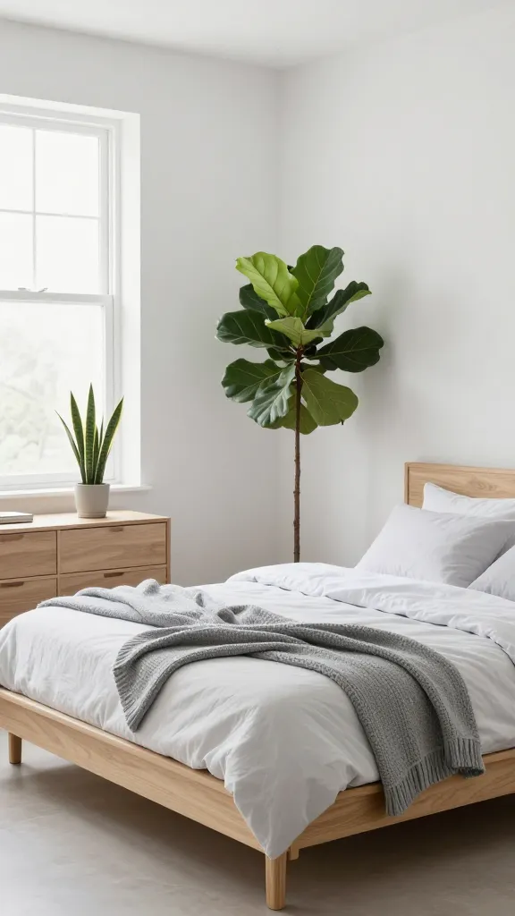 A high-quality, realistic photo of a serene Scandinavian-style male bedroom. The room features crisp white walls and abundant natural light streaming in from a window. A light wood platform bed, neatly made with white and soft grey linen bedding and a casually draped soft grey knit throw, is the prominent focal point. To one side of the bed, a matching light wood minimalist dresser holds a small, vibrant green potted snake plant. Another taller green plant, like a potted fiddle leaf fig, stands gracefully in a corner, adding a touch of nature without overwhelming the space. The overall aesthetic is uncluttered, peaceful, and functional, emphasizing clean lines, natural textures, and a calming color palette. No text.