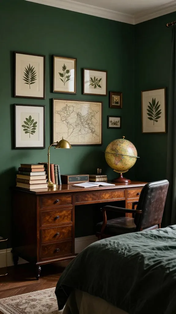 A high-resolution, realistic photograph of a sophisticated male bedroom designed in a dark academia aesthetic. The walls are painted a deep, matte forest green, creating a rich and moody backdrop. A vintage-style dark wood desk is the focal point, adorned with carefully stacked old books, a classic brass desk lamp, and a prominent vintage globe. Above the desk, the wall features an artful arrangement of framed botanical prints and an antique map. A comfortable, dark upholstered armchair, possibly leather, sits nearby, inviting study. A simple, well-made bed with dark, textured bedding is partially visible, maintaining the room's cohesive, intellectual character. Soft, atmospheric light filters into the room, enhancing the textures of the wood, books, and fabrics. The overall impression is that of a cozy, timeless university study. No text on image.