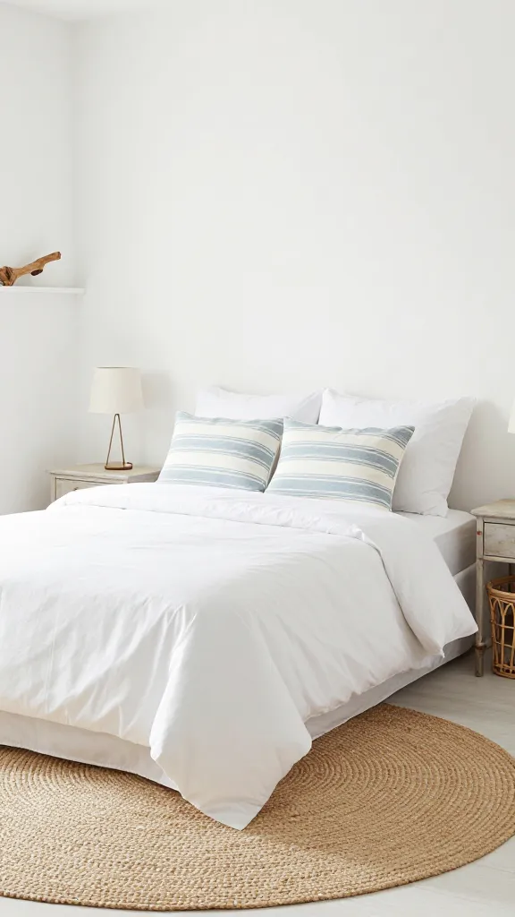 A bright, airy, and relaxed male bedroom designed in a coastal style. Crisp white walls are bathed in natural light. The central feature is a bed with a clean white duvet and two throw pillows featuring subtle light blue and white stripes. A round jute rug grounds the space, adding sandy beige tones. Beside the bed, a simple distressed light wood nightstand holds a minimalist lamp. A rattan laundry basket is visible in the corner. A small piece of driftwood decorates a shelf, adding a DIY touch. The overall aesthetic is comfortable and budget-friendly, evoking a beach house vibe. Realistic, high-quality interior design photography, professional lighting, no text.