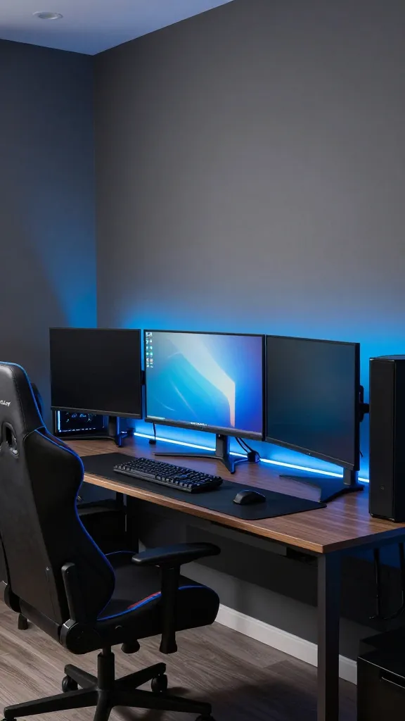 A high-quality, realistic photo of a modern male's gaming bedroom setup, captured with professional interior photography lighting. The room features matte charcoal grey walls providing a sophisticated, neutral base. A large, sturdy desk dominates the foreground, impeccably organized with multiple gaming monitors. Behind the monitors and subtly beneath the desk, vibrant LED strip lights cast a cool, customizable electric blue glow, creating a futuristic ambiance. A premium, ergonomic gaming chair is positioned neatly in front of the desk. All wires are meticulously managed and hidden, emphasizing the clean, functional, and stylish "command center" aesthetic.