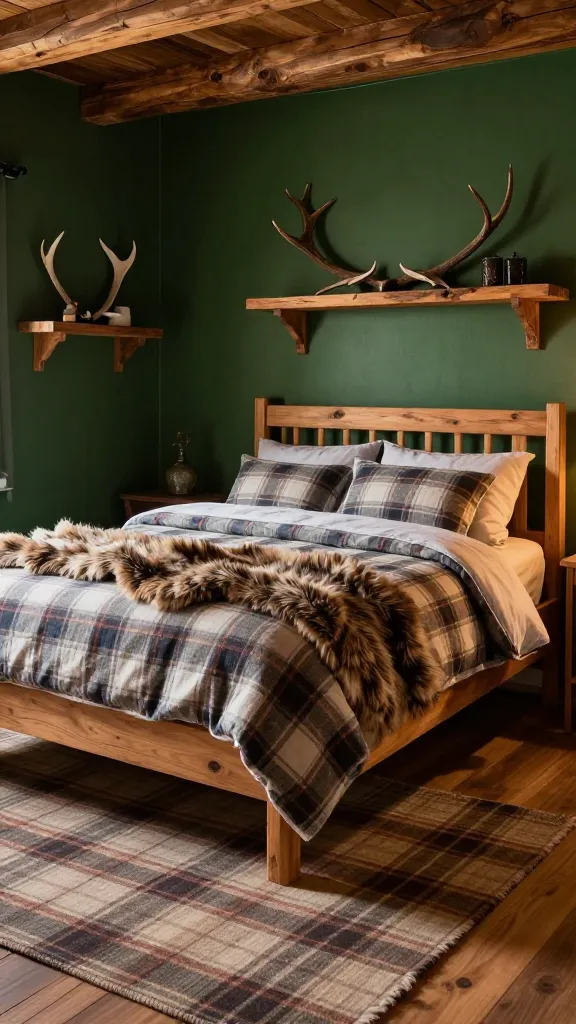 A realistic, high-quality photograph of a cozy male bedroom designed in a rustic cabin style, bathed in warm, inviting light. A simple wooden bed frame is centrally placed, adorned with soft flannel bedding featuring a classic plaid pattern, and draped with a luxurious faux fur throw blanket. An accent wall behind the bed is painted a deep forest green, complementing the earthy tones of the room. Reclaimed wood shelves are mounted on the wall, thoughtfully styled with DIY antler decor. A large plaid rug covers a significant portion of the wooden floor, adding to the rugged charm and warmth. The scene emphasizes natural materials and rich textures, creating a comfortable mountain retreat atmosphere. No text.