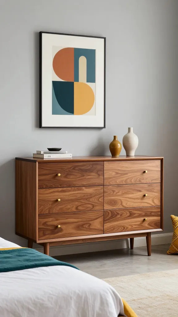 A high-quality, realistic photo showcasing a sophisticated male bedroom designed in a Mid-Century Mod Revival style, evoking the cool elegance of the 1950s and 60s. The room features clean lines and a muted color palette with vibrant accents. Light grey walls provide a serene backdrop. Dominating the space is a stylish wooden dresser with characteristic tapered legs and sleek, updated brass pull hardware, reflecting a vintage-find aesthetic. The bed is neatly made with crisp white linens, accented by throw pillows in a rich teal and a warm mustard yellow, both featuring subtle geometric patterns. A piece of abstract geometric artwork, incorporating similar retro colors, hangs above the bed. Subtle organic shapes are present in a table lamp or a decorative ceramic vase. The overall ambiance is refined, uncluttered, and inviting, bathed in soft, natural light. No text.