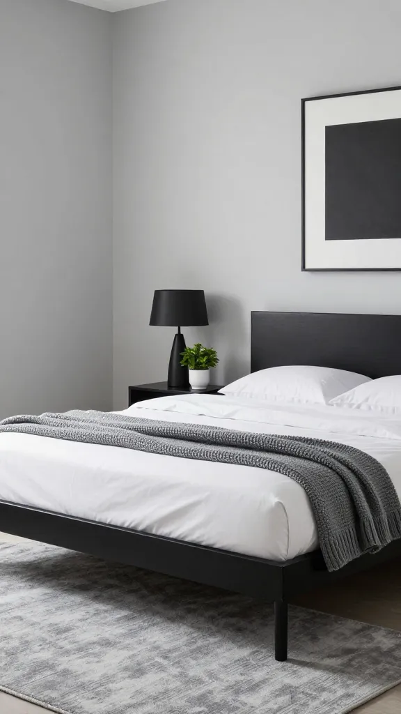 A high-quality, realistic photo capturing a sleek, minimalist male bedroom designed in a strict monochrome palette of black, white, and various shades of grey. The walls are painted a soft, light grey, providing a calm backdrop. A simple black metal platform bed with crisp white bedding is the focal point, artfully draped with a chunky grey knit throw for added texture. A soft grey area rug partially covers the floor, extending from beneath the bed. On a small, unobtrusive bedside table, a modern, sculptural black lamp stands next to a small, vibrant green plant in a simple white ceramic pot. A single, understated piece of abstract art in black and white tones hangs on the wall above the bed, adding a touch of sophisticated intentionality. Natural light softly filters into the room, highlighting the clean lines and creating a cohesive, serene, and stylish atmosphere. No text.