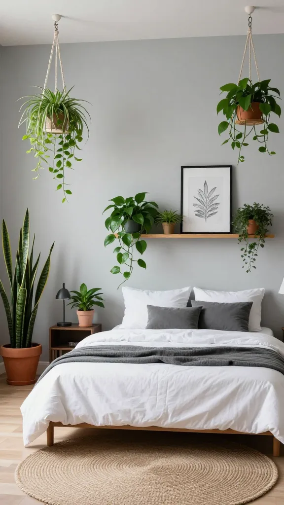 A high-angle, eye-level professional photograph of a serene and stylish male bedroom designed as an urban jungle retreat. The room features clean, light grey walls that allow the abundant greenery to pop. A comfortable, minimalist bed with crisp white and charcoal grey linen is neatly made in the center, accented with a simple, textured throw. Above the bed, a narrow wooden shelf holds several potted Pothos plants with their vines gracefully trailing, alongside a subtle botanical print in a thin black frame. To the left, a tall, striking snake plant in a terracotta pot stands on the floor, while a smaller ZZ plant sits on a dark wood bedside table next to a sleek, modern lamp. Macrame plant hangers suspend smaller spider plants and more Pothos from the ceiling at varying heights, adding a layered, natural feel. A large, circular jute rug partially extends from under the bed, adding warmth and natural texture to the light wood flooring. The room is filled with soft, natural light, creating a refreshing, vibrant, and surprisingly serene atmosphere. High-resolution, realistic, professional interior photography, no text.