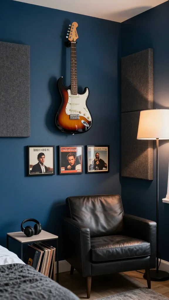 A high-resolution, realistic photograph capturing a stylish and inviting "Music Lover's Lounge" corner within a modern male bedroom. The focal point is a deep indigo accent wall, adorned with a sleek, wall-mounted electric guitar (e.g., a vintage-style sunburst Stratocaster) prominently displayed. Below the guitar, three framed classic album covers are artfully arranged, showcasing iconic album art. Strategically placed on the wall are several DIY acoustic panels, covered in textured charcoal grey fabric, adding both function and a cool aesthetic. A comfortable, dark leather armchair with clean lines is positioned for optimal listening, facing the accent wall. On a small, minimalist side table next to the armchair, a pair of high-fidelity headphones rests beside a stack of vinyl records. Soft, warm ambient light emanates from a modern floor lamp, casting subtle shadows and creating a relaxed atmosphere. The overall scene is meticulously styled, suggesting a young man's passion for music in a budget-conscious yet sophisticated setting. Sharp focus, natural lighting, professional photography, no text.