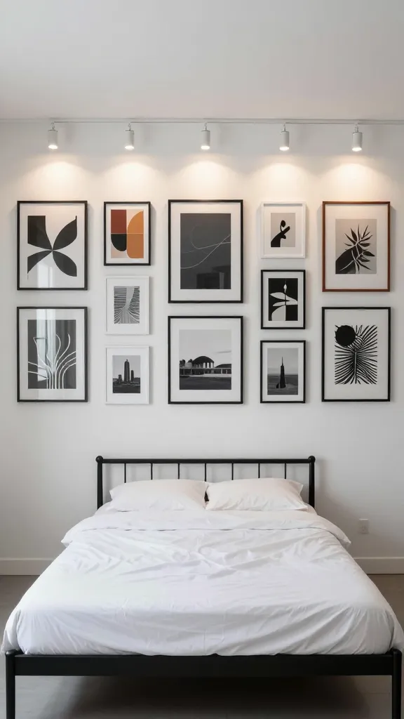 A high-angle, wide shot of a clean, minimalist male bedroom designed with an art gallery aesthetic. The walls are painted a crisp white, serving as a neutral backdrop. A simple, low-profile black metal bed frame with pristine white bedding occupies the center. The focal point is a thoughtfully curated gallery wall above the bed, featuring an arrangement of various framed prints and posters – a mix of abstract art, architectural photography, and graphic designs. All frames are either simple black or white, creating a cohesive visual. Several small, battery-operated spotlights are strategically mounted above individual pieces of art, casting warm, focused light to highlight them. The room feels sophisticated and understated, with the art being the undeniable star. Realistic photography, sharp focus, natural light augmented by the spotlights, high resolution, no text.