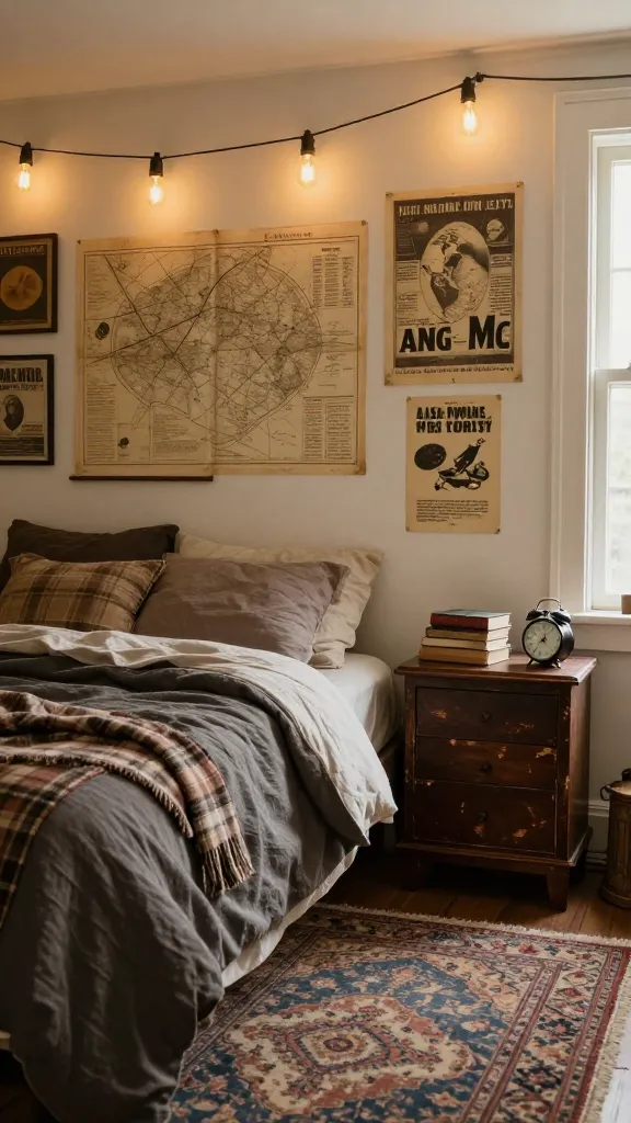 A high-quality, realistic photo of a cozy male bedroom exuding vintage vibes. The room is bathed in the warm, nostalgic glow of a string of Edison bulb lights, complemented by soft natural light filtering through a window. In the foreground, a comfortable bed is dressed with textured, muted bedding, perhaps a charcoal linen duvet and a plaid wool throw. Adjacent to the bed, a distressed, dark wooden nightstand, clearly a thrifted find, holds a stack of worn books and a small, vintage-style alarm clock. The wall above is a curated gallery of old, sepia-toned maps and classic retro posters, artfully arranged without frames, showing slight wear. A vintage-inspired area rug with a faded oriental pattern in muted blues and reds anchors the space, adding warmth and character. The overall aesthetic is one of individuality and collected history, with a mix of patterns and textures, creating an inviting and personality-filled retreat. No text on images.