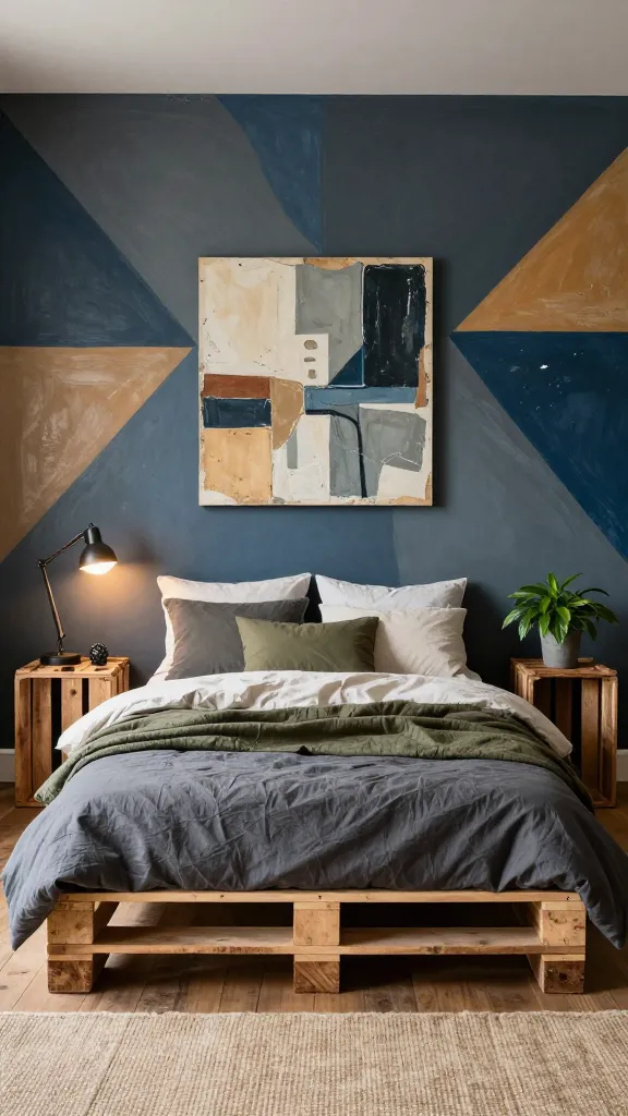 A high-resolution, realistic photograph of a personalized, budget-friendly male bedroom. The central focus is a low-profile DIY pallet bed frame, dressed with inviting, textured bedding in muted earth tones like charcoal grey, olive green, and cream. Behind the bed, an accent wall boasts a hand-painted geometric mural in a sophisticated palette of deep blues, greys, and warm ochre, with visible brushstrokes adding character. On either side of the bed, rustic nightstands crafted from stacked wooden crates hold a minimalist industrial desk lamp with a warm glow on one side, and a small, leafy green plant on the other. Above the bed, a piece of abstract wall art, clearly handmade with layered textures from leftover paint, echoes the mural's color scheme. A simple, natural fiber rug partially covers the wooden floor. The room feels lived-in, creative, and uniquely personal, bathed in soft, natural daylight from an unseen window, demonstrating high impact on a low budget.