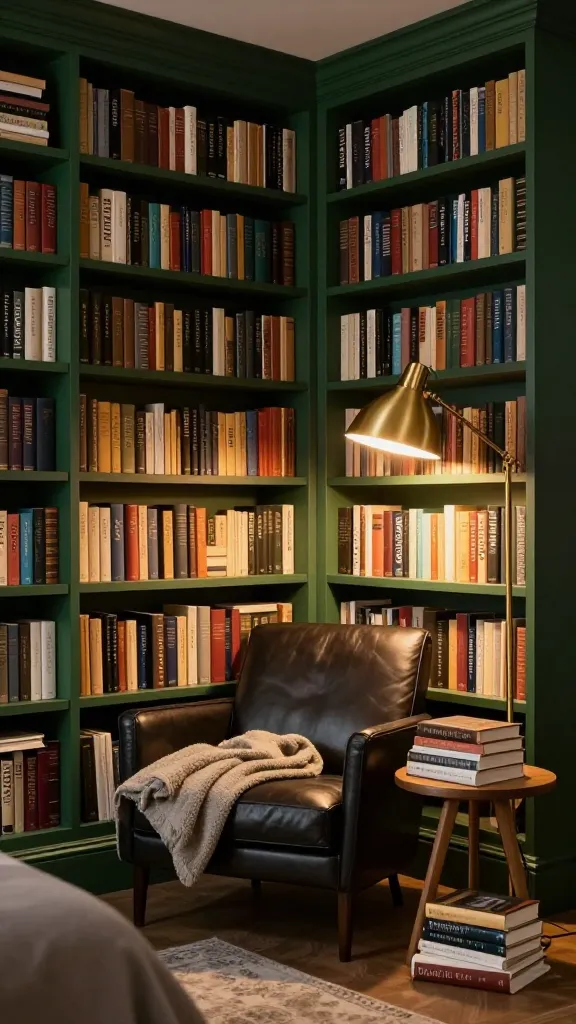 A high-quality, realistic photograph of a masculine 'Library Lover's Nook' within a modern bedroom. Floor-to-ceiling bookshelves, meticulously filled and slightly overflowing with a diverse collection of books, span a deep forest green-painted wall. A comfortable, dark leather armchair with a soft, textured throw blanket is positioned invitingly in front of the bookshelves. Beside the armchair, a sleek, adjustable brass floor lamp emits a warm, golden glow, highlighting a stack of current reads on a small, round wooden side table. Additional books are stacked artfully on various surfaces within the nook. The atmosphere is cozy, intellectual, and deeply inviting, with soft ambient light complementing the lamp's warmth. No text on images.