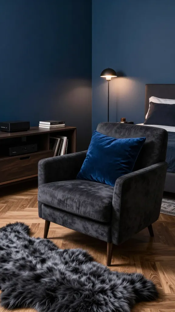 A high-quality, realistic photograph capturing a sophisticated 'man cave' corner seamlessly integrated within a modern male bedroom. The primary focus is a large, inviting armchair upholstered in a rich, deep charcoal fabric, adorned with a luxurious deep blue velvet accent pillow. A plush, dark grey faux fur rug lies partially beneath the armchair, adding texture and warmth to the wooden floor. Adjacent to the seating, a sleek, minimalist media console in dark wood features smart storage for electronics and media, with a few well-curated books. The walls are painted in a deep, muted blue, providing a masculine backdrop. Soft, ambient lighting comes from a stylish floor lamp with a warm glow. In the background, a portion of a neatly made bed with dark, crisp linens and a simple headboard is visible, clearly establishing the bedroom environment. The overall aesthetic is one of refined comfort, subtle luxury, and stylish relaxation. No text.