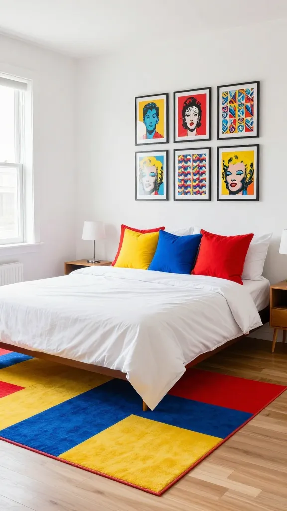 A high-quality, realistic photo of a modern male bedroom designed in a vibrant Pop Art style. The clean white walls provide a bright backdrop for bold accents. A comfortable bed, made with crisp white linens, is adorned with an assortment of brightly colored throw pillows in primary hues like bright red, royal blue, and sunny yellow, some featuring subtle graphic patterns. Above the bed, a gallery of framed graphic art prints inspired by Pop Art legends (such as Lichtenstein-esque comic panels or Warhol-style repeating motifs) adds a playful and artistic touch. A bold, geometric patterned rug in contrasting primary colors lies on the light wooden floor, adding visual interest and warmth. A simple, retro-inspired bedside table holds a minimalist lamp. The overall atmosphere is energetic, playful, and cool, with a clear emphasis on graphic elements and bright, clean colors. Natural light streams in from a window, illuminating the space. Shot from a slightly wide angle to capture the room's layout.