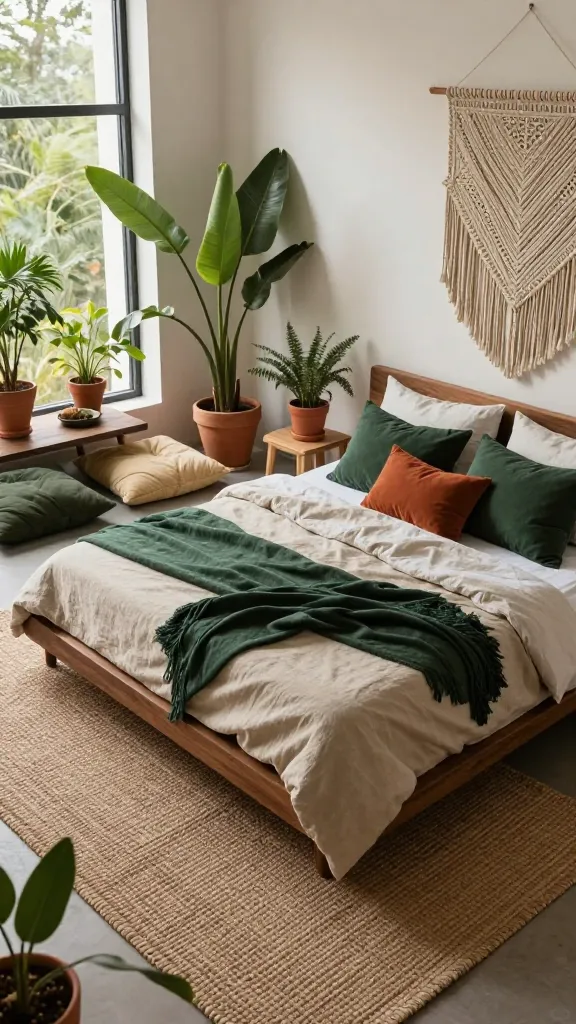 A high-angle, wide shot of a sophisticated and masculine bohemian bachelor bedroom, bathed in soft, diffused natural light filtering through a large window. The central focus is a low-slung platform bed with a sturdy dark wood frame, dressed in rumpled, natural linen bedding in a sandy beige and off-white, accented with deep forest green and muted terracotta throw pillows. A substantial, textured woven jute rug in a natural tone grounds the space beneath and around the bed. On the wall above the bed, a large, geometrically patterned macrame wall hanging with a masculine, abstract design adds a key textural element. Nearby, a low-profile, dark wood coffee table is surrounded by oversized, textured floor cushions in a mix of deep olive green, burnt orange, and cream. Several healthy, lush green plants in simple terracotta pots are strategically placed on the floor and a minimalist wooden side table, enhancing the natural, free-spirited feel. The overall aesthetic is relaxed, eclectic, and effortlessly cool, with earthy tones – deep greens, terracotta, and various sandy beiges – subtly punctuated by richer, muted colors in the textiles. The room exudes a laid-back global influence through its natural materials and layered textures. Realistic photo, high resolution, no text.