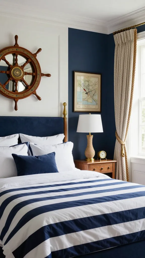 A high-quality, realistic photograph capturing a sophisticated and classic male bedroom with a refined nautical theme. The room is primarily decorated in a crisp navy blue and clean white color scheme, subtly accented with warm brass. The focal point is a neatly made bed featuring elegant navy and white striped bedding. Above the headboard, or prominently on an adjacent wall, hangs a tastefully painted ship's wheel mirror, hinting at adventure without being overly kitschy. Nearby, a vintage-style framed map adds to the navigator's aesthetic. On a simple wooden nightstand, a lamp with a subtle rope-wrapped base provides ambient light. Brass accents are subtly incorporated throughout the space, such as a small brass desk clock or the frame of a picture. Natural light streams in through a window, illuminating the serene atmosphere and highlighting the texture of rope curtain tie-backs. The overall impression is one of masculine elegance and subtle exploration. No text.