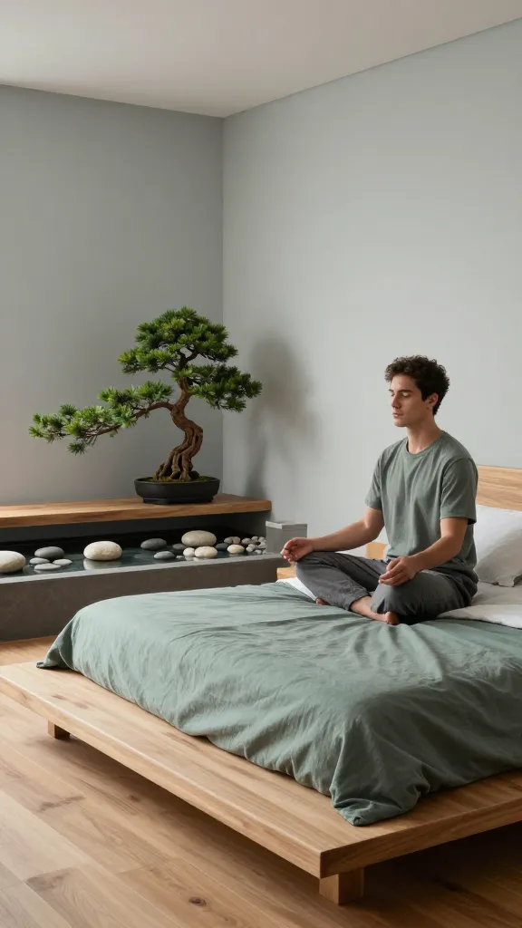 A high-quality, realistic photograph capturing a serene and minimalist male bedroom designed as a Zen Garden Sanctuary. The room is bathed in soft, indirect lighting, creating a tranquil atmosphere. A low-profile platform bed, dressed in muted soft green and charcoal grey linen, is the focal point. Adjacent to the bed, on a simple, low natural wood side table, sits a small, battery-operated indoor water feature, surrounded by polished river stones. A delicate bonsai tree is meticulously placed on a matching low shelf. The walls are a calming light grey, complemented by warm, natural wood flooring. A young man, dressed casually in comfortable attire, is seated cross-legged on the platform bed, meditating peacefully, embodying the room's calm. The scene emphasizes balance and natural elements, with no visible clutter.
