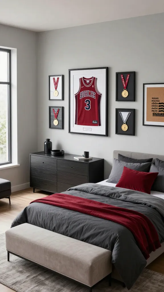 A high-angle, wide shot of a modern, clean male bedroom designed as an 'Athletic Achievement Hub'. The walls are painted in a soft, light greige. The focal point is a tastefully curated gallery wall above a minimalist, dark wood dresser, featuring a prominently displayed framed iconic sports jersey (e.g., a vintage basketball jersey) flanked by two smaller framed medals and a subtle, small corkboard with a single inspiring quote. A comfortable full-size bed with a dark gray duvet is neatly made, accented with a single throw pillow and a folded throw blanket in a deep crimson team color. A sleek, low-profile storage bench in a complementary neutral tone sits at the foot of the bed, subtly hinting at streamlined gear storage. Natural light streams in from a large window on the left, illuminating the room and highlighting the clean lines and inspiring atmosphere. The overall aesthetic is organized, masculine, and celebrates athletic passion without being overwhelming. No text on images.