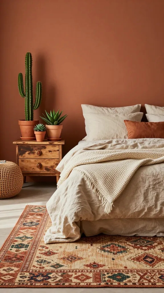 A high-resolution, realistic interior photograph of a warm and inviting male bedroom embodying a 'Desert Oasis Dream' aesthetic. The focal point is a terracotta-colored accent wall behind a comfortable bed, which is dressed in natural linen bedding and layered with a chunky, cream-colored woven throw blanket. A large, patterned bohemian rug in sun-baked earthy tones (like rust, sand, and muted green) lies partially under the bed. On a rustic distressed wooden bedside table, several potted cacti and succulents in simple terracotta or ceramic pots add vibrant life. Subtle faux leather accents, such as a decorative handle on a dresser drawer or a small pouf, complement the rugged charm. Abundant natural light streams into the room, enhancing the warm, earthy color palette and highlighting the rich textures. The scene evokes a sense of relaxed, natural luxury. No text on image.