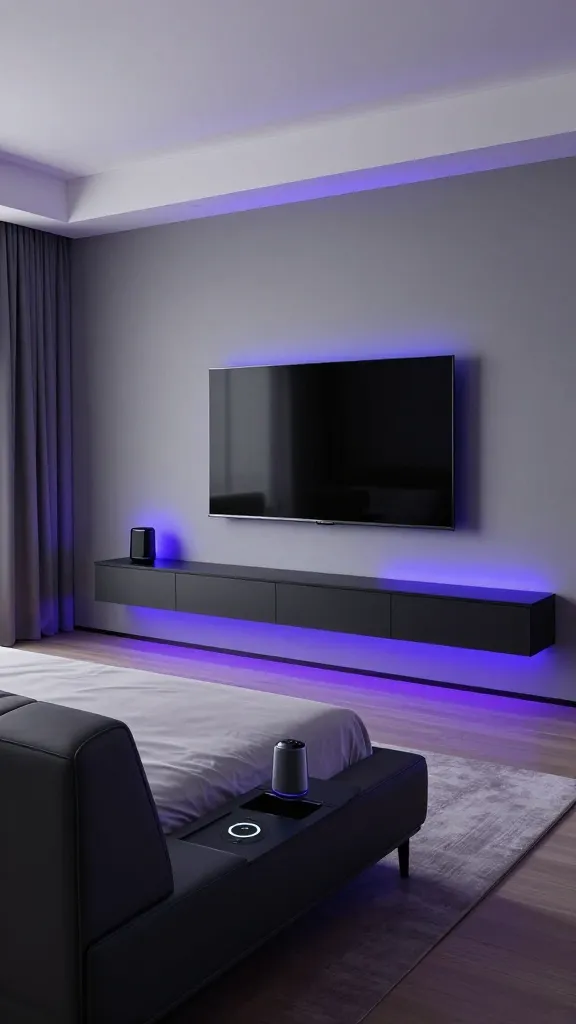 A high-quality, professional interior photograph of a modern, tech-savvy male bedroom, showcasing a sleek and futuristic design. The room features a clean, minimalist aesthetic with a primary color palette of cool grey walls, a crisp white ceiling, and matte black furniture. Dynamic, color-changing smart LED lighting casts an ambient, sophisticated blue-purple glow throughout the space, creating a mood of advanced technology and comfort. A large, ultra-thin smart TV is perfectly wall-mounted above a floating, low-profile media console, with absolutely no visible wires. The bed is a minimalist platform design, flanked by two integrated smart nightstands that subtly incorporate wireless charging pads and hidden storage compartments. A sleek smart speaker is discretely placed on one nightstand. The overall impression is one of seamless technology integration, ultimate convenience, and an impeccably polished, high-tech living space, captured with sharp focus and excellent depth of field.