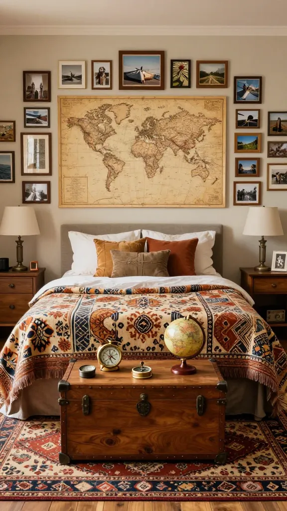A high-quality, realistic photograph of a male bedroom designed as a "World Traveler's Haven." The room is viewed from a medium-wide angle, bathed in warm, inviting light. A comfortable bed, dressed with an Indian block print throw blanket in earthy tones, is positioned against a wall. Above the bed, a prominent, large vintage-style world map serves as a statement piece, surrounded by an eclectic arrangement of framed travel photos and smaller antique maps. A rich, patterned Moroccan-inspired rug covers the wooden floor, adding texture and color. At the foot of the bed, a simple, sturdy wooden trunk functions as a coffee table, displaying a few carefully chosen travel souvenirs like a vintage compass and a small globe. The overall atmosphere is personal, eclectic, and exudes global charm, inspiring adventure. No text on images.